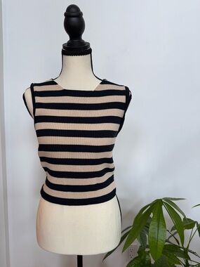 Sleeveless Striped Knit Tank Top - Navy Blue & Beige